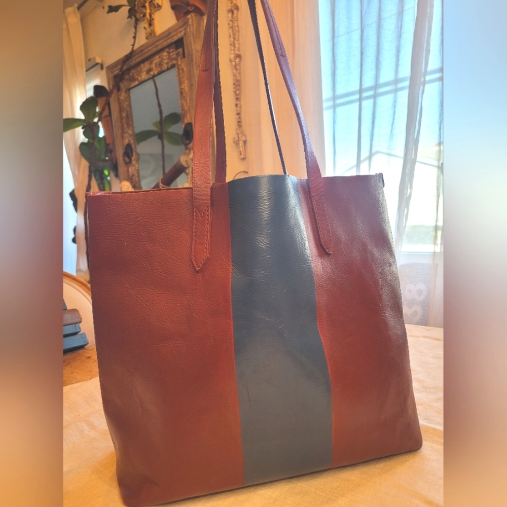 J Crew Downing Color Block Stripe Burgundy Navy Leather Tote Purse Bag